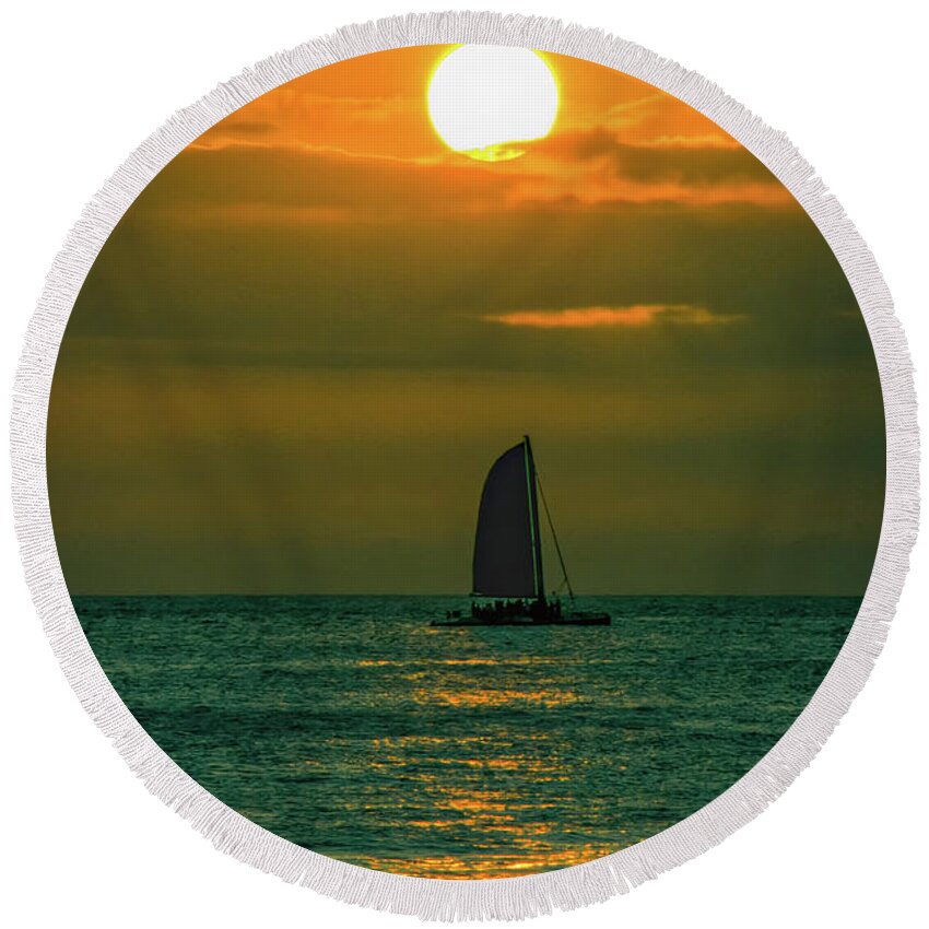 Sun And Sail Round Beach Towel featuring the photograph Sun And Sail by Mitch Shindelbower