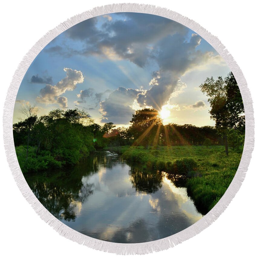 Glacial Park Round Beach Towel featuring the photograph Sun Breaks Through at Sunset in Glacial Park by Ray Mathis