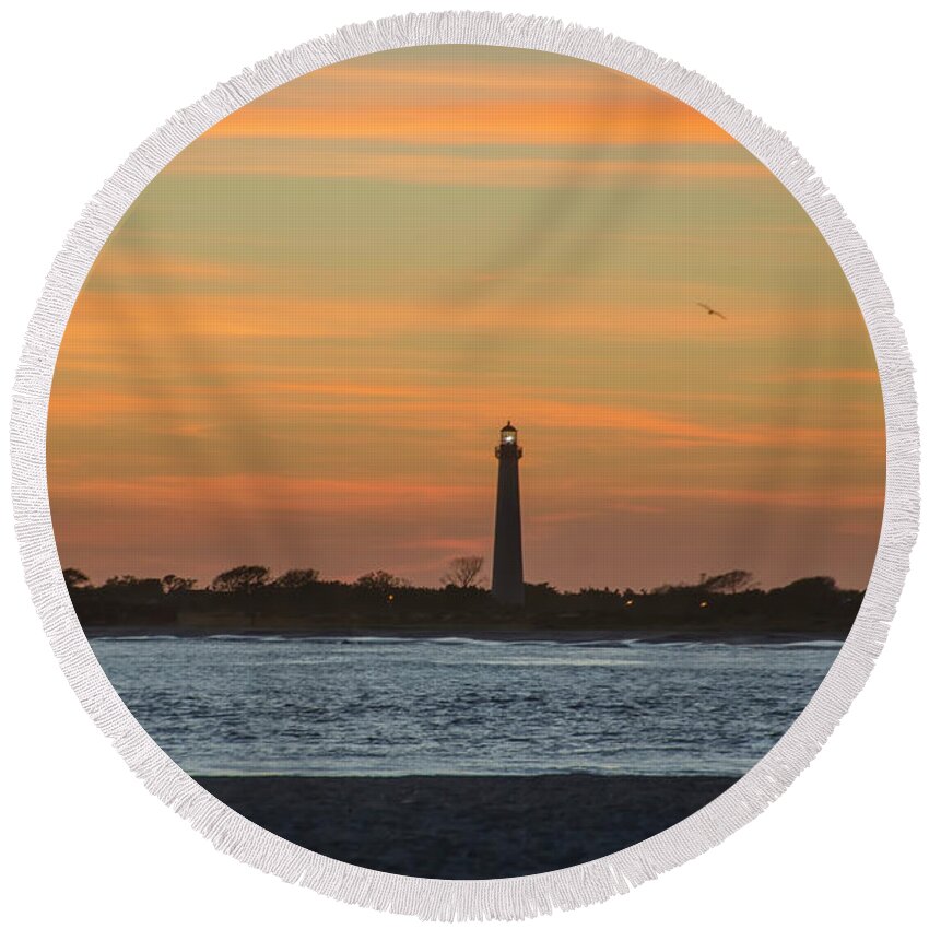 Sun Round Beach Towel featuring the photograph Sun Dreanched Skies at Cape May Lighthouse by Bill Cannon
