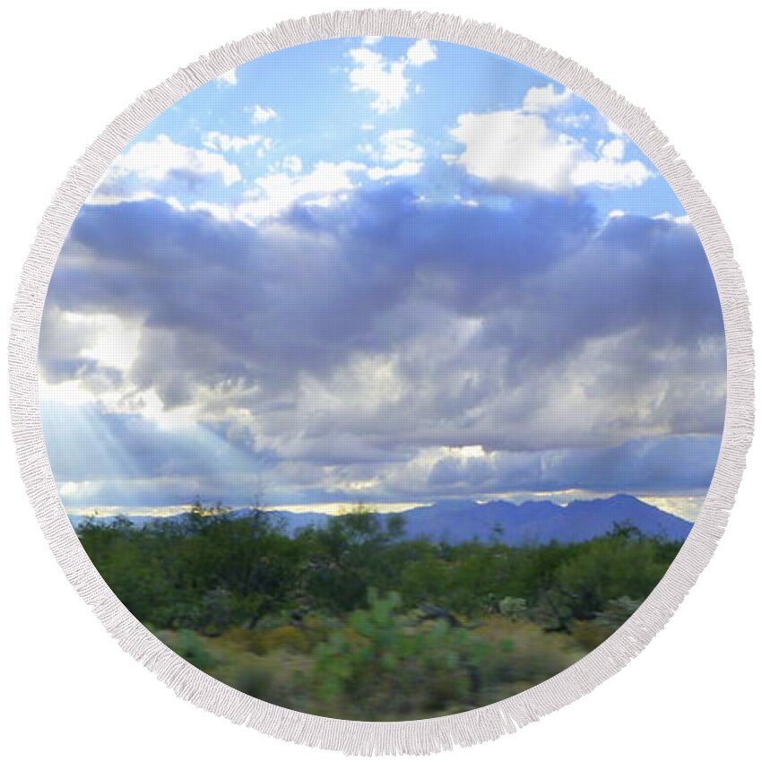 Tucson Round Beach Towel featuring the photograph Sun Rays and Desert Landscape by Teresa Stallings