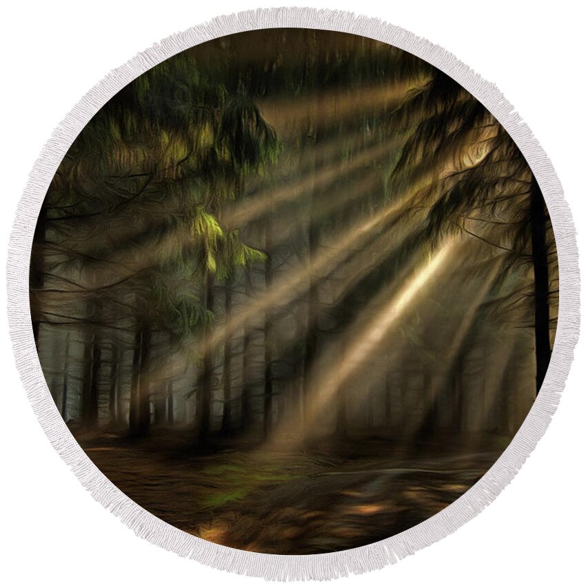 Chiaroscuro Round Beach Towel featuring the photograph Sun rays in the forest by Michal Boubin
