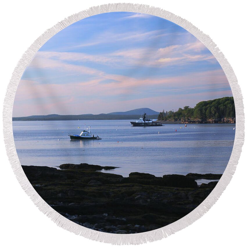 Bar Harbor Round Beach Towel featuring the photograph Sun Setting On The Harbor by Living Color Photography Lorraine Lynch