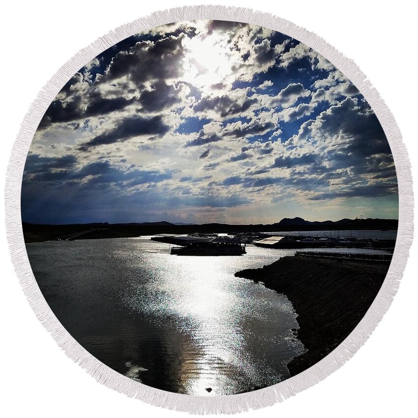 Sun Round Beach Towel featuring the photograph Sun Through the Dark Clouds Over the Bay by Vic Ritchey