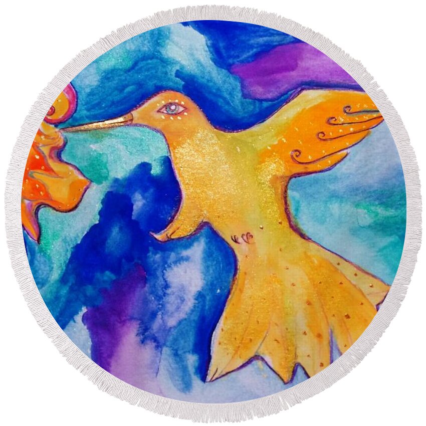 Watercolor Round Beach Towel featuring the painting Sunbird by Garden Of Delights