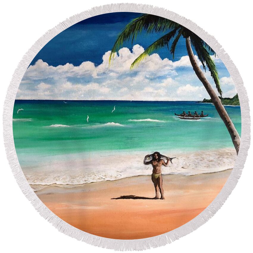Sunday Round Beach Towel featuring the painting Sunday in paradise by Carl Gouveia