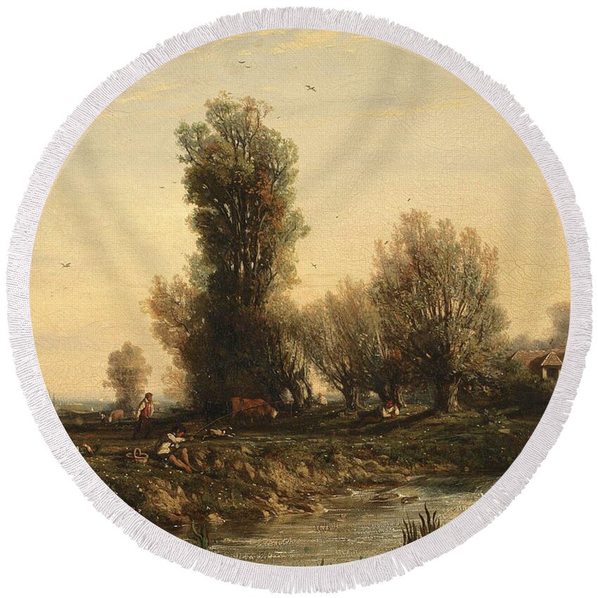 Nicolas-louis Cabat Round Beach Towel featuring the painting Sunday in the country by Nicolas-Louis Cabat