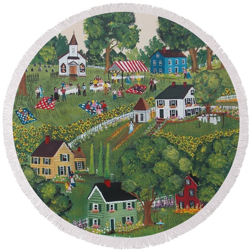 Grandma Moses Round Beach Towel featuring the painting Sunday Social by Virginia Coyle