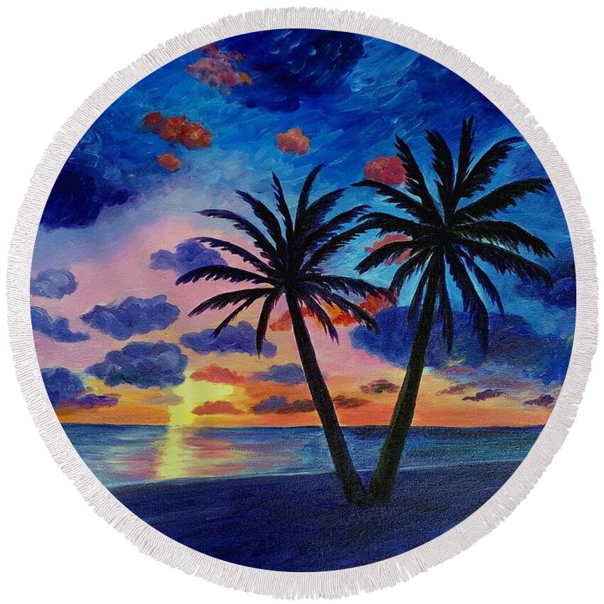Sunset Round Beach Towel featuring the painting Sundown At The Beach by Julie Brugh Riffey