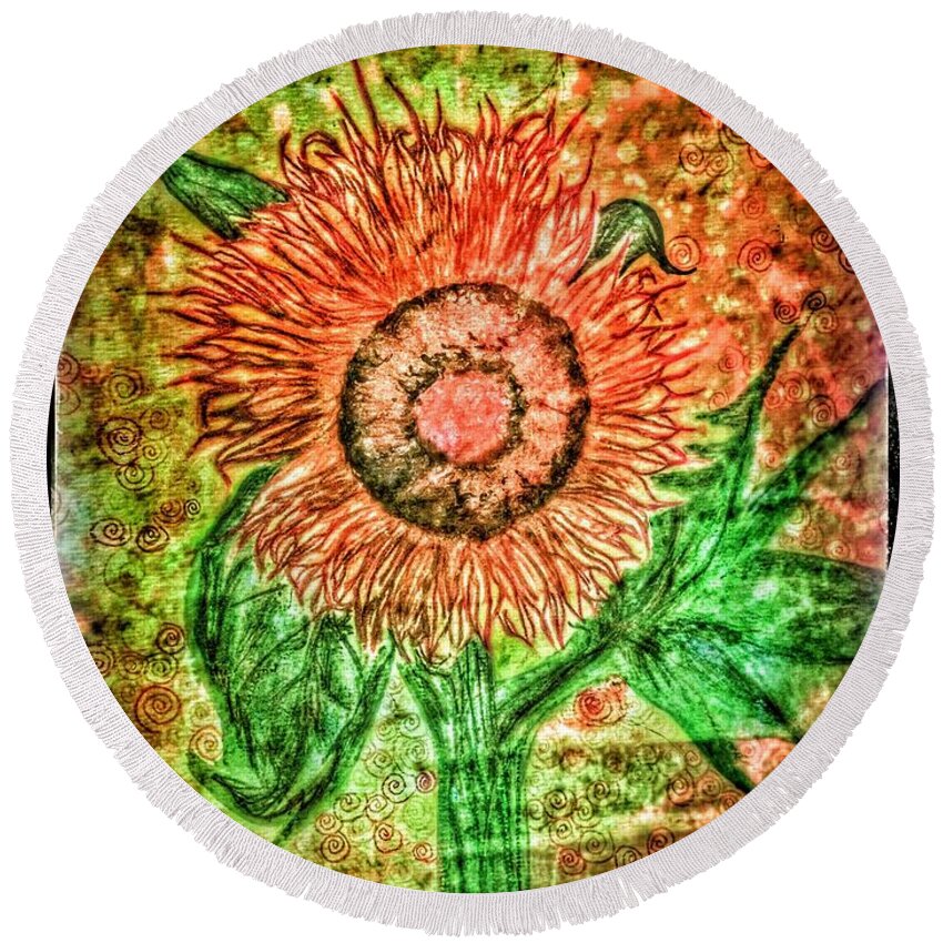 Flower Of Life Round Beach Towel featuring the mixed media Sunflower by Christine Paris