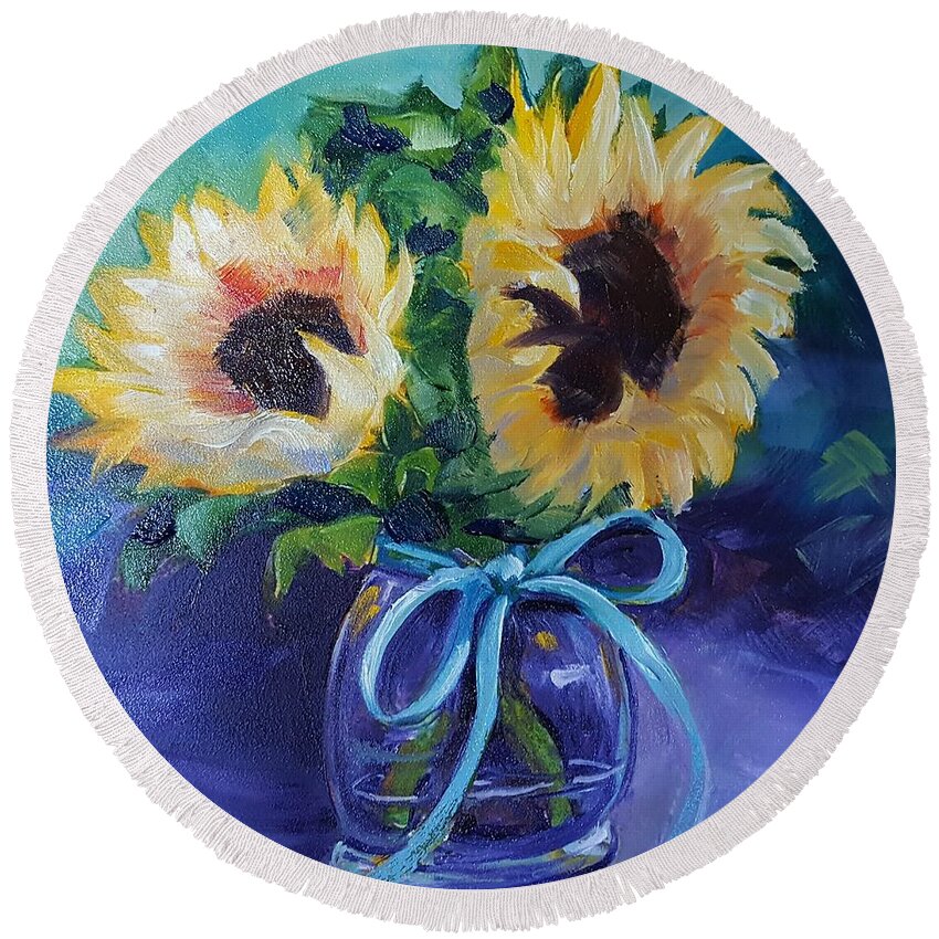 Sunflowers Round Beach Towel featuring the painting Sunflower/Clear Jar by Judy Fischer Walton