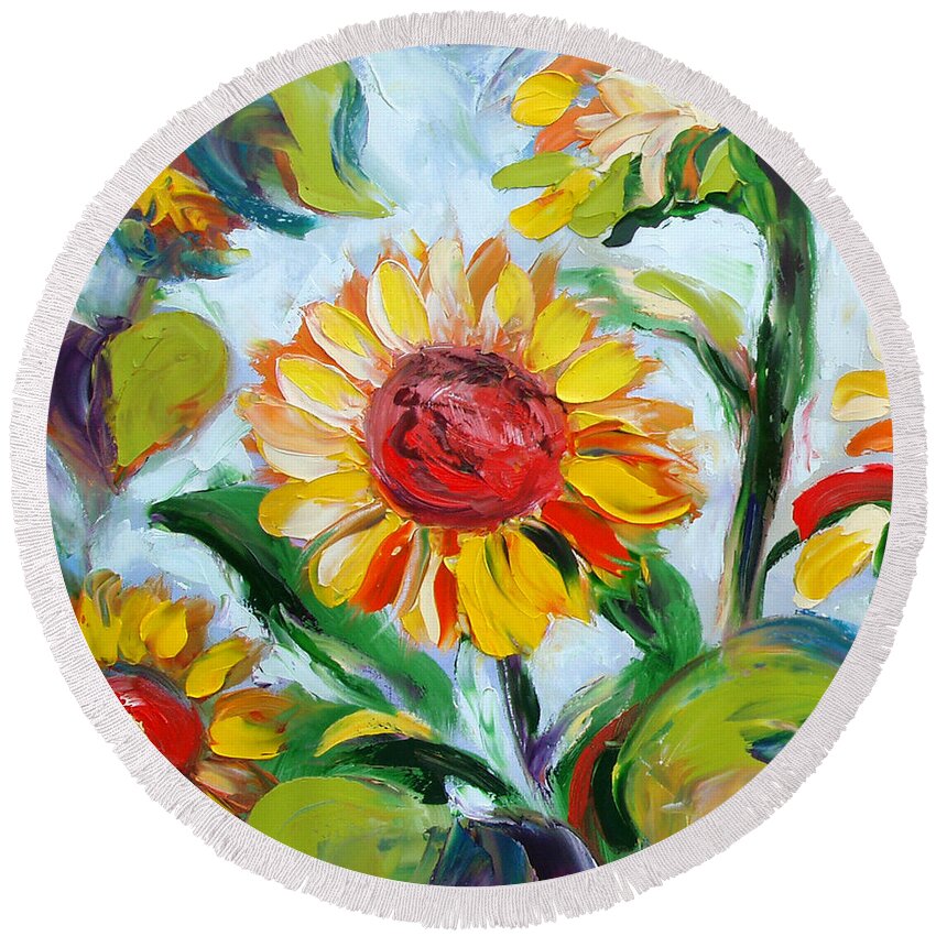 Flowers Round Beach Towel featuring the painting Sunflowers 6 by Gina De Gorna