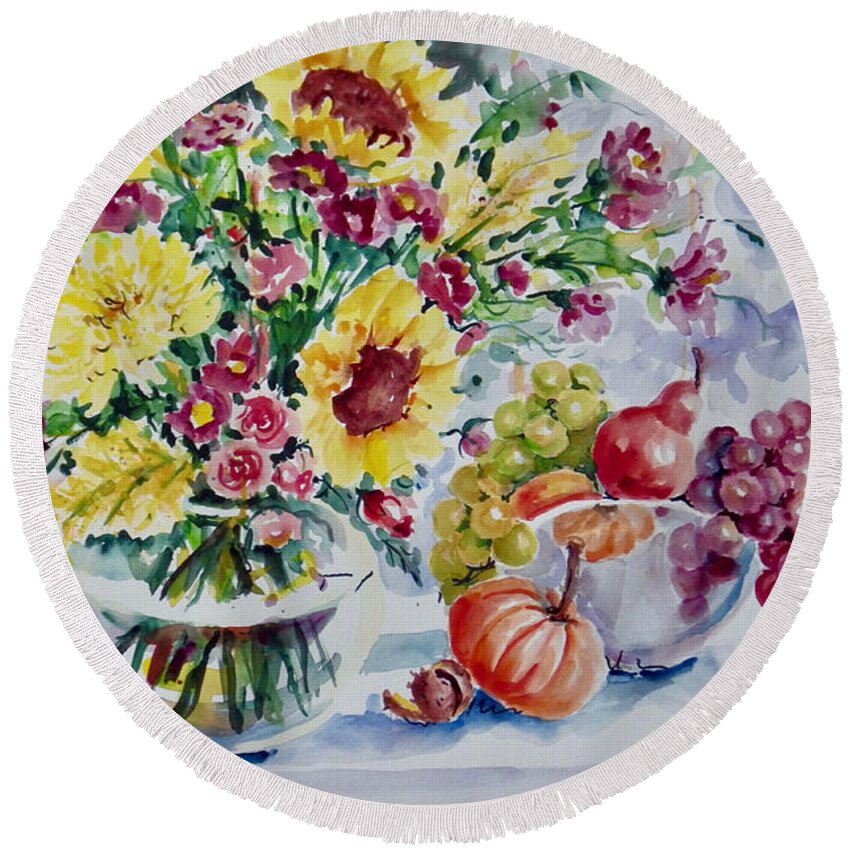 Floral Round Beach Towel featuring the painting Sunflowers and Fruit by Ingrid Dohm