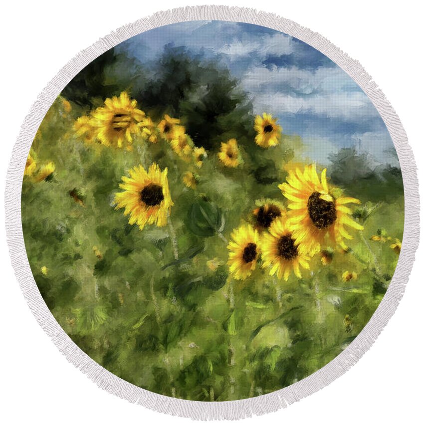 Sunflower Round Beach Towel featuring the digital art Sunflowers Bowing And Waving by Lois Bryan