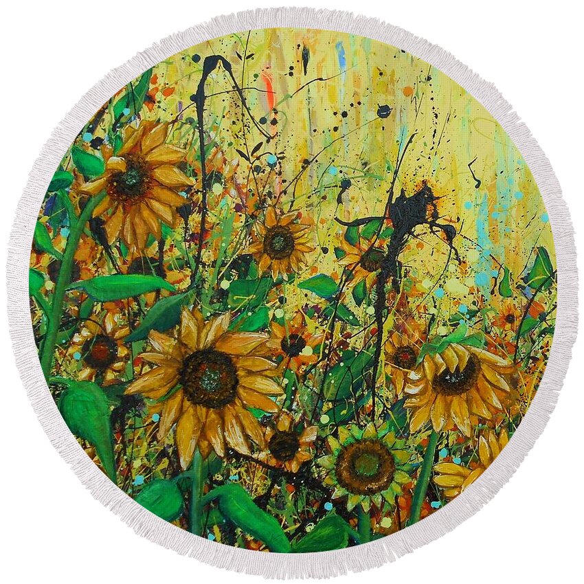 Sunflowers. Sunflower Round Beach Towel featuring the painting Sunflowers Detail by Angie Wright