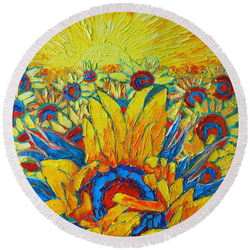 Sunflowers Round Beach Towel featuring the painting Sunflowers Field In Sunrise Light by Ana Maria Edulescu