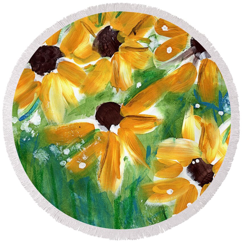 Sunflowers Round Beach Towel featuring the painting Sunflowers by Linda Woods