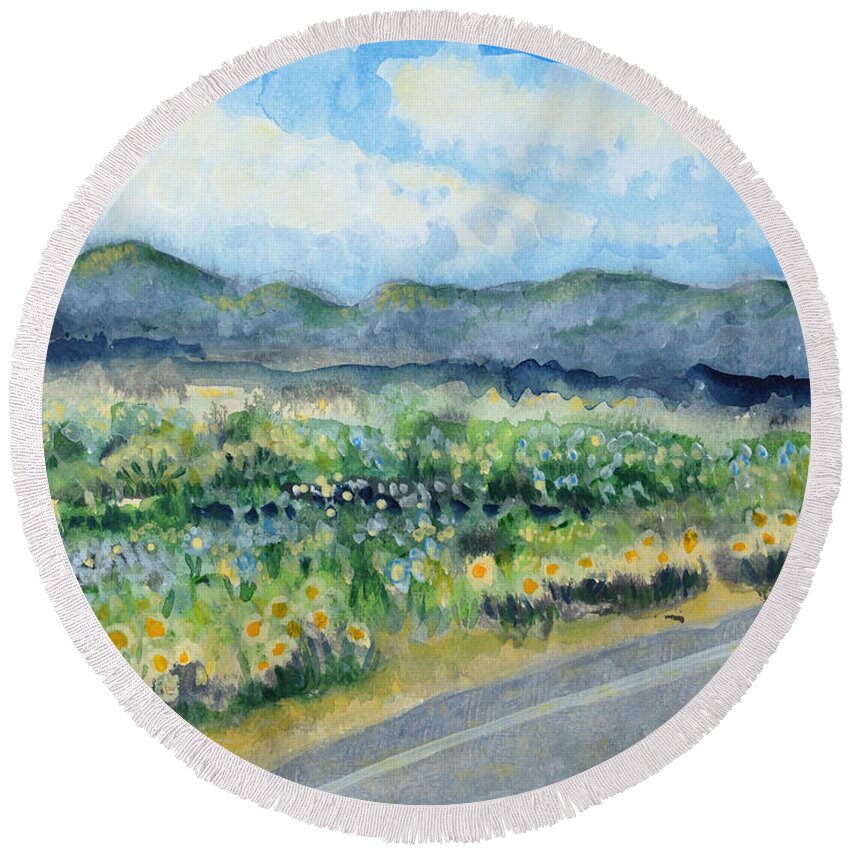 Acrylic On Paper Round Beach Towel featuring the painting Sunflowers on the Way to the Great Sand Dunes by Holly Carmichael