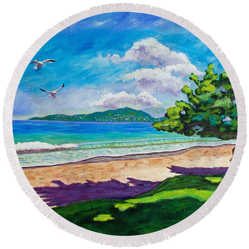 Grand Anse Beach Round Beach Towel featuring the painting Sunlit by Laura Forde