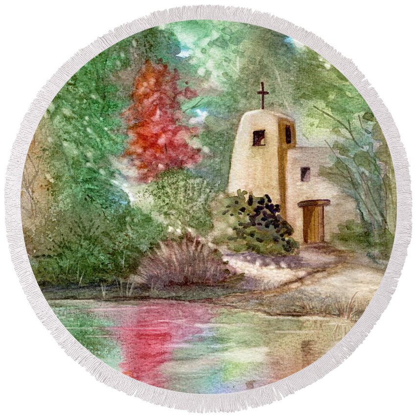 Adobe Church Round Beach Towel featuring the painting Sunlit Solitude by Marilyn Smith