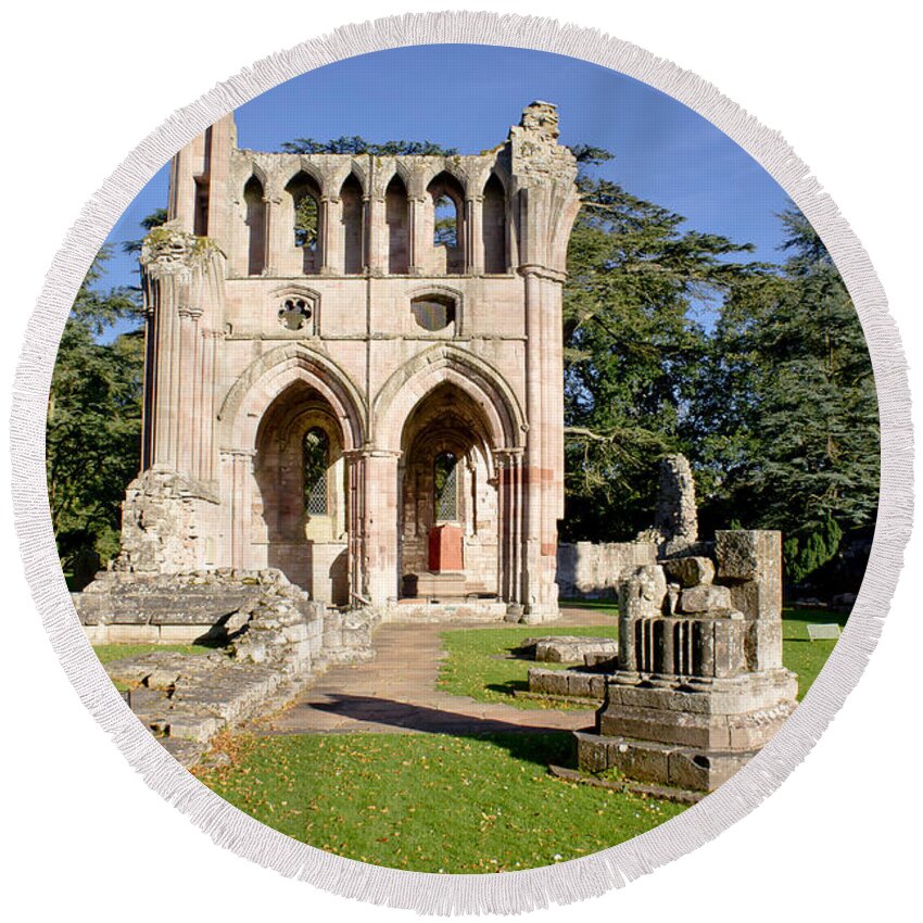 Dryburgh Round Beach Towel featuring the photograph Sunny afternoon in Dryburgh Abbey. by Elena Perelman