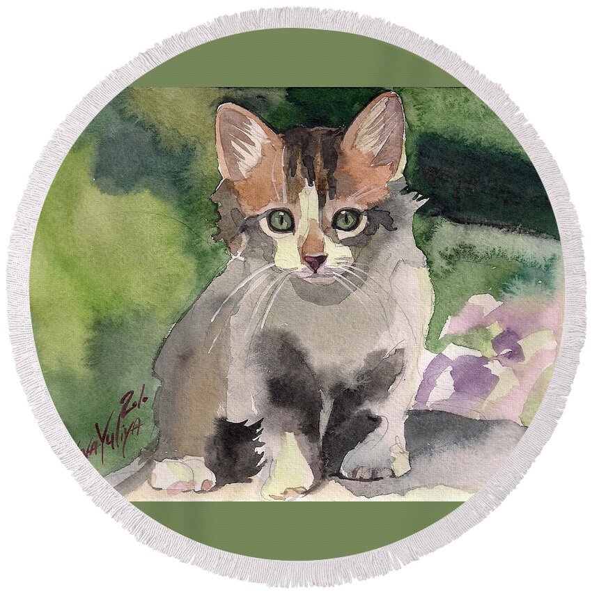 Calico Kitten Cat Cute Kitty Summer Painting Watercolor Round Beach Towel featuring the painting Sunny Day by Yuliya Podlinnova