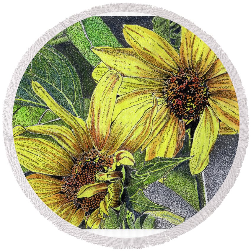 Sunflowers Round Beach Towel featuring the mixed media Sunny Daze by Louise Howarth
