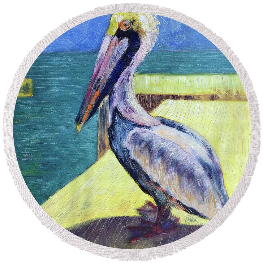 Pelican Round Beach Towel featuring the painting Sunny Pelican by AnneMarie Welsh