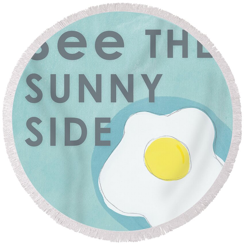 Egg Round Beach Towel featuring the mixed media Sunny Side by Linda Woods