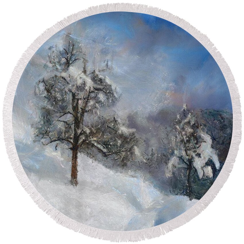 Winter Round Beach Towel featuring the painting Sunny Winter Morning by Dragica Micki Fortuna