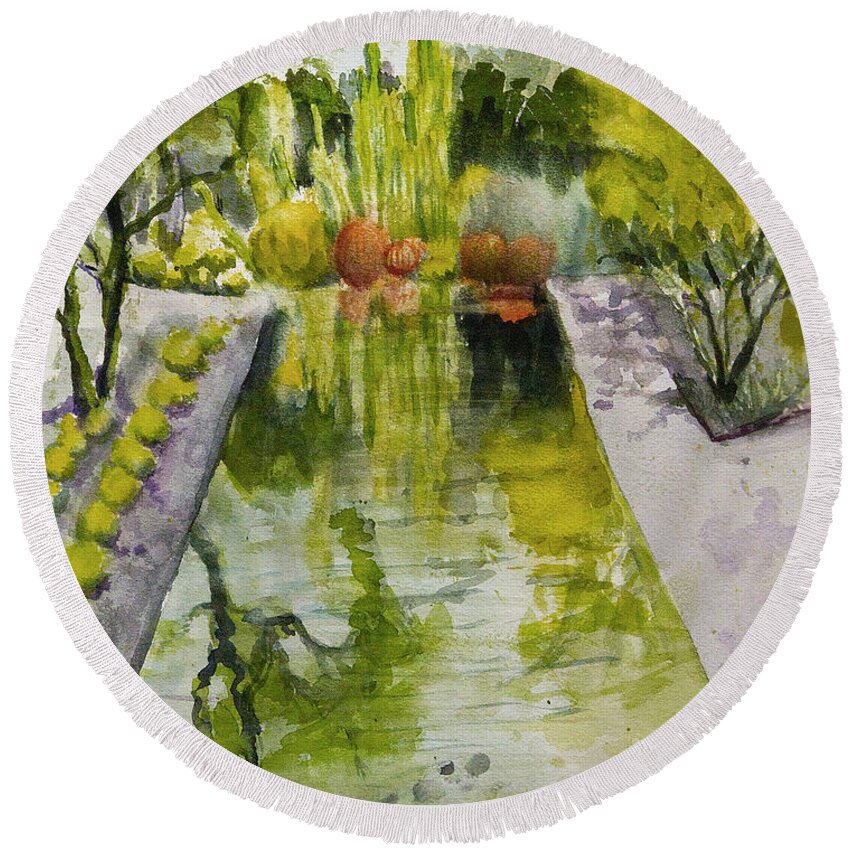 Landscape Round Beach Towel featuring the painting Infinity Pool In the Gardens at Annenburg Estate by Maria Hunt
