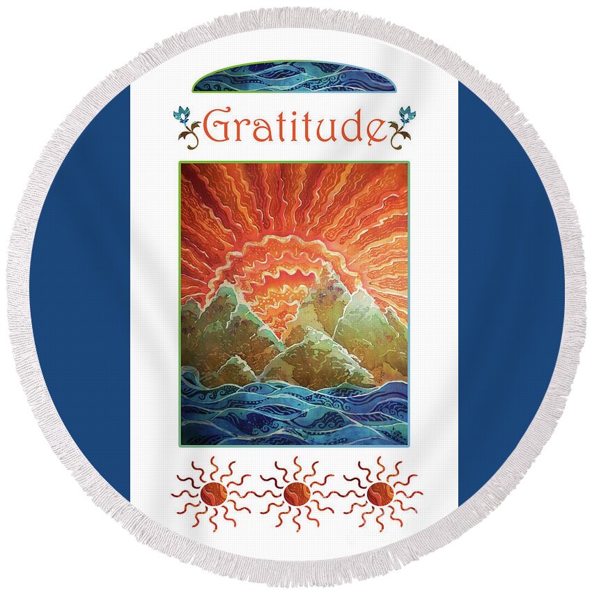 Sunrise Round Beach Towel featuring the mixed media Sunrays - Gratitude by Sue Duda