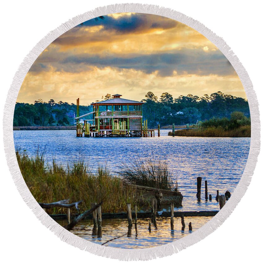 Bon Secour Round Beach Towel featuring the photograph Sunrise and Boathouse on the Bon Secour River by Michael Thomas