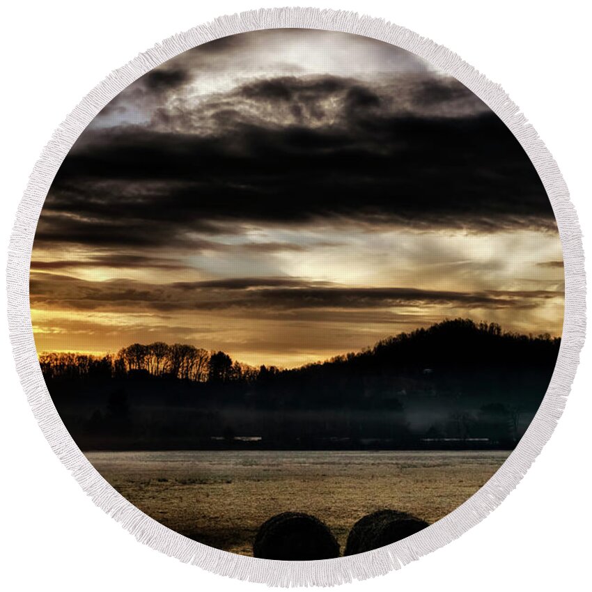 Winter Round Beach Towel featuring the photograph Sunrise and Hay Bales by Thomas R Fletcher