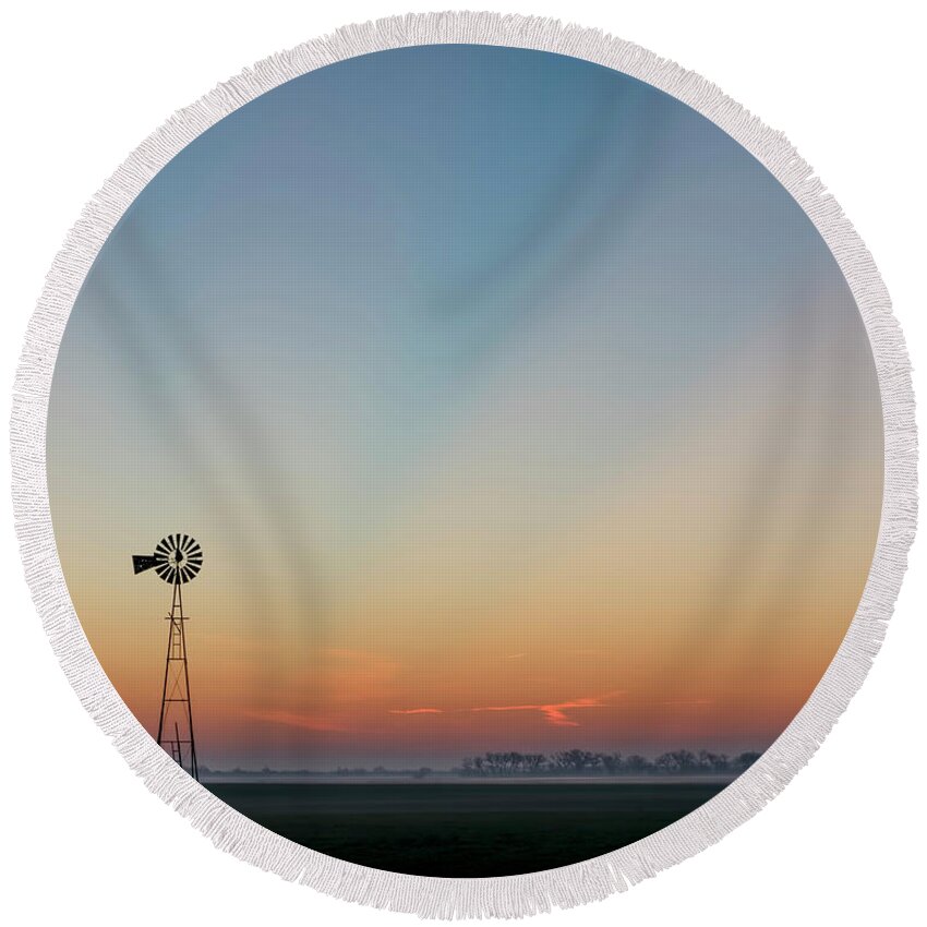 Kansas Round Beach Towel featuring the photograph Sunrise and Windmill 02 by Rob Graham