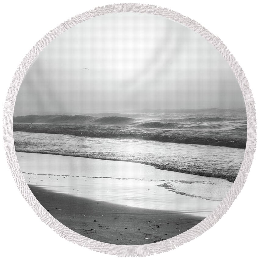 Beach Round Beach Towel featuring the photograph Sunrise at Beach Black and White by John McGraw