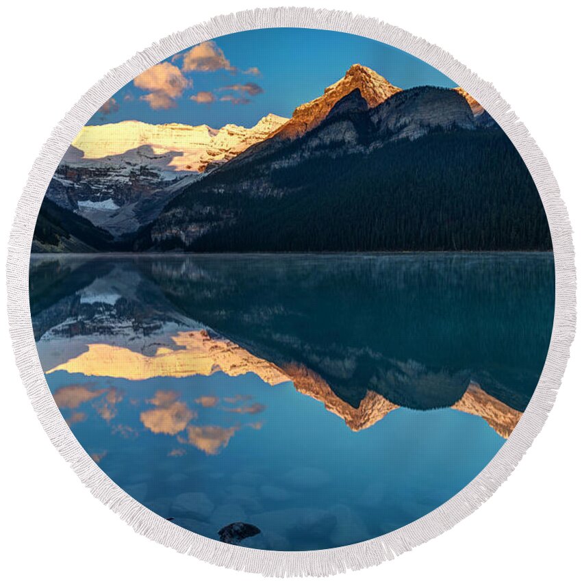 Canada Round Beach Towel featuring the photograph Sunrise at Lake Louise, Banff National Park, Alberta, Canada by Pierre Leclerc Photography