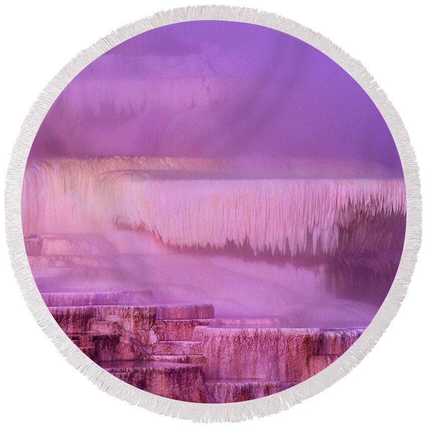 North America Round Beach Towel featuring the photograph Sunrise at Minerva Springs Yellowstone National Park by Dave Welling