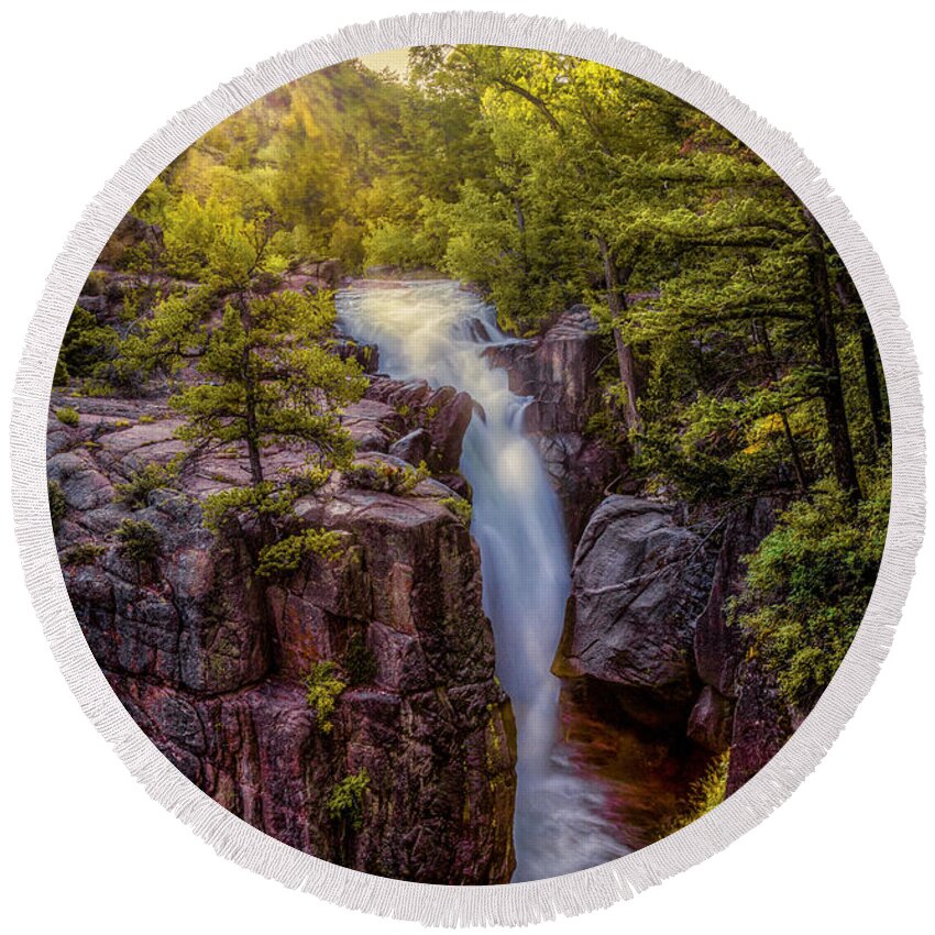 Flowing Round Beach Towel featuring the photograph Sunrise at Shell Falls by Rikk Flohr