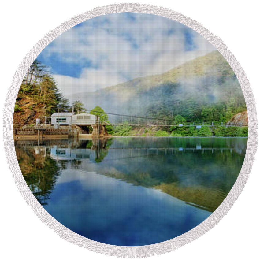 Appalachia Round Beach Towel featuring the photograph Sunrise at the Dam Panorama by Debra and Dave Vanderlaan