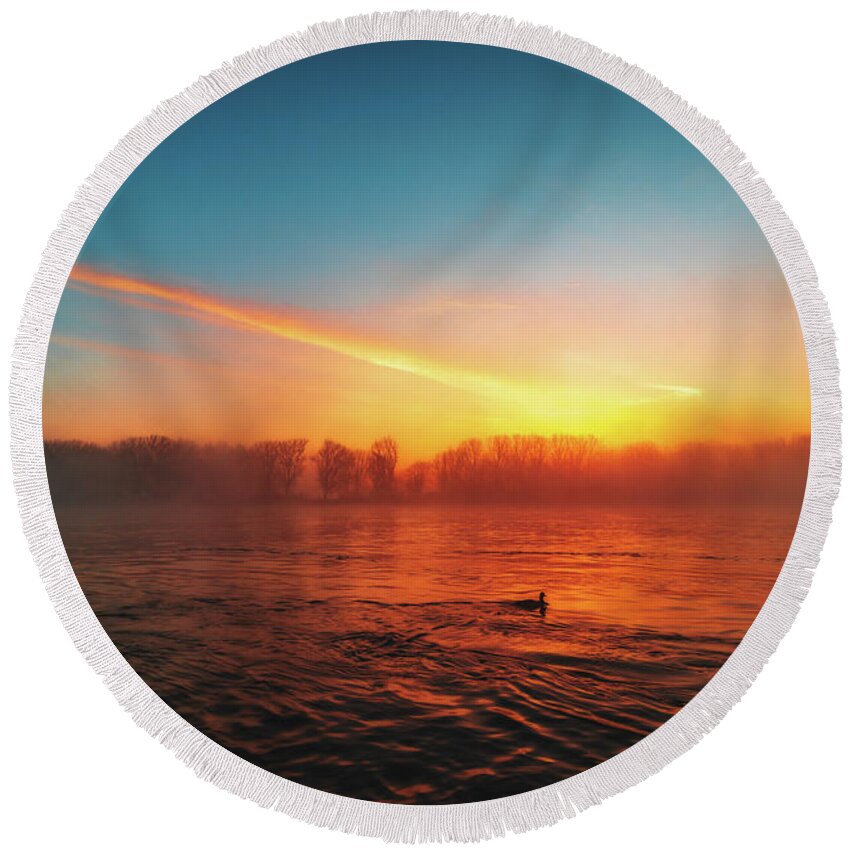 Duck Round Beach Towel featuring the photograph Sunrise at the Riverside by Marc Braner