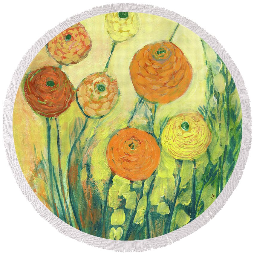 Zinnia Round Beach Towel featuring the painting Sunrise in Bloom by Jennifer Lommers
