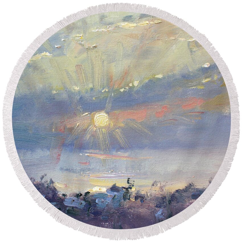 Sunrise Round Beach Towel featuring the painting Sunrise in Egey Sea Greece by Ylli Haruni
