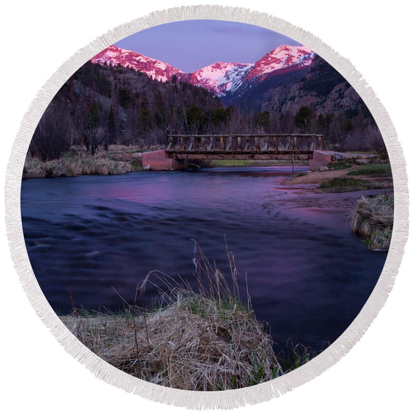 Rocky Mountain National Park Round Beach Towel featuring the photograph Sunrise in Rocky Mountain National Park and the Big Thompson Riv by Ronda Kimbrow