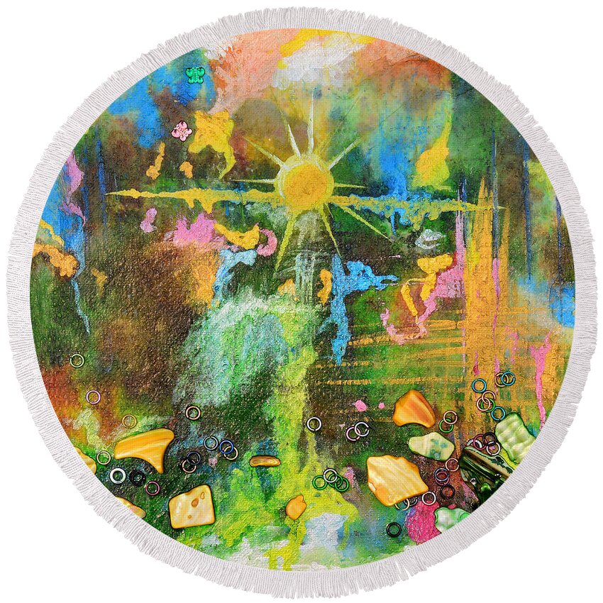 Modern Round Beach Towel featuring the mixed media Sunrise On Lily Pond by Donna Blackhall