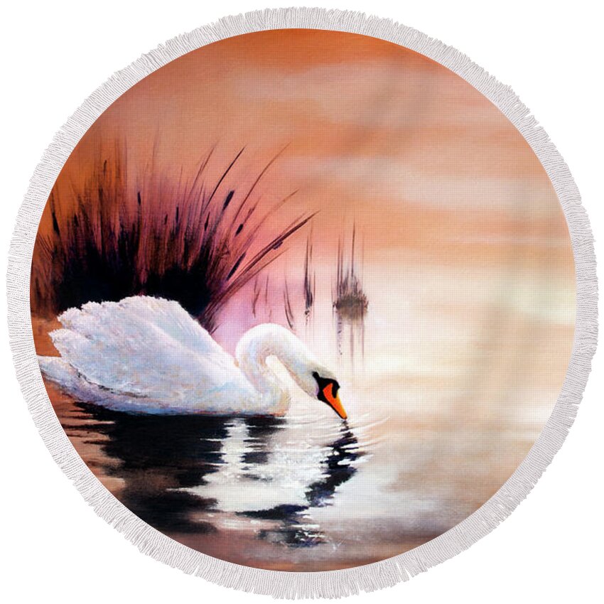 Landscape Round Beach Towel featuring the painting Sunrise on Swan Lake by Michael Rock