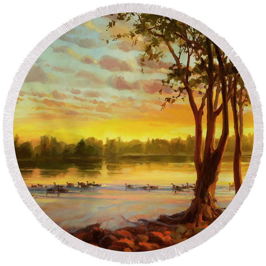 Landscape Round Beach Towel featuring the painting Sunrise on the Columbia by Steve Henderson