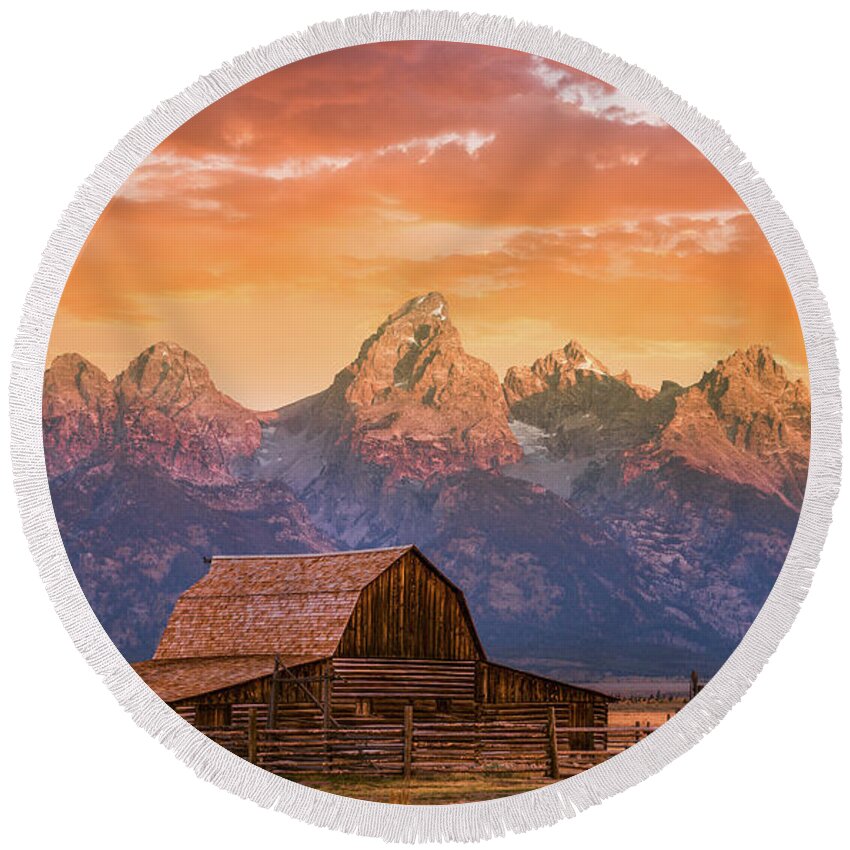 Grand Teton Round Beach Towel featuring the photograph Sunrise on the Ranch by Darren White