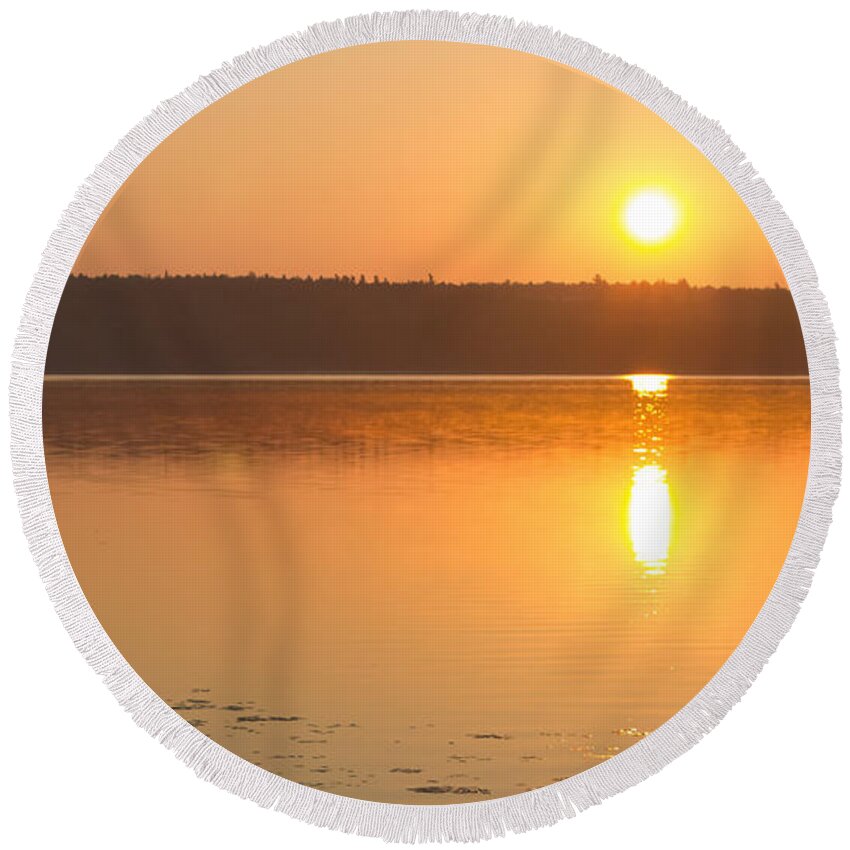 Sunset Round Beach Towel featuring the photograph Sunrise on the Rocks of Branch Lake - Maine by Kirkodd Photography Of New England