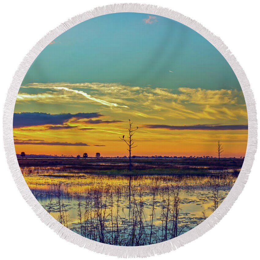 Bird Round Beach Towel featuring the photograph Sunrise Over a Saint Marks National Wildlife Refuge Lagoon by DB Hayes