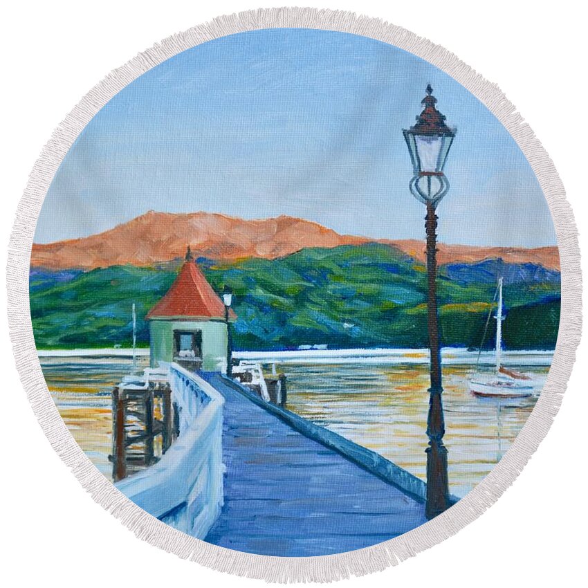 Harbour Round Beach Towel featuring the painting Sunrise over French Bay in Akaroa New Zealand by Dai Wynn